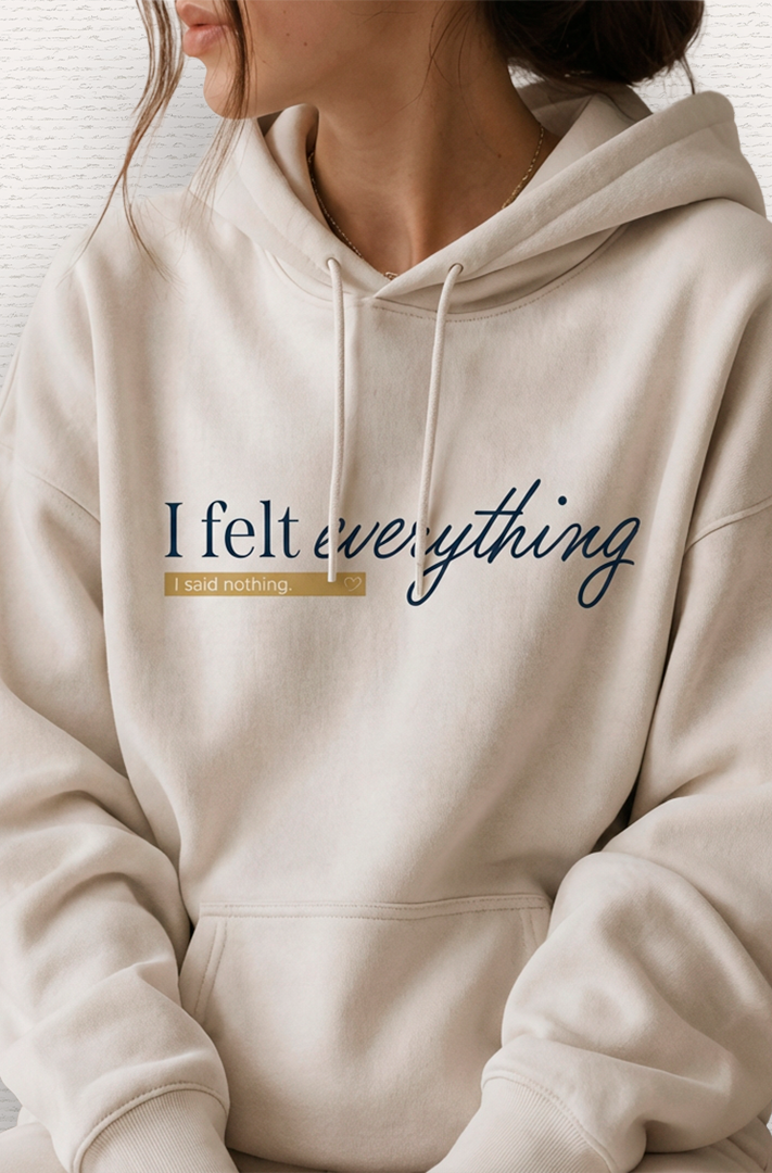Model wearing a cream Printz For Zoey hoodie