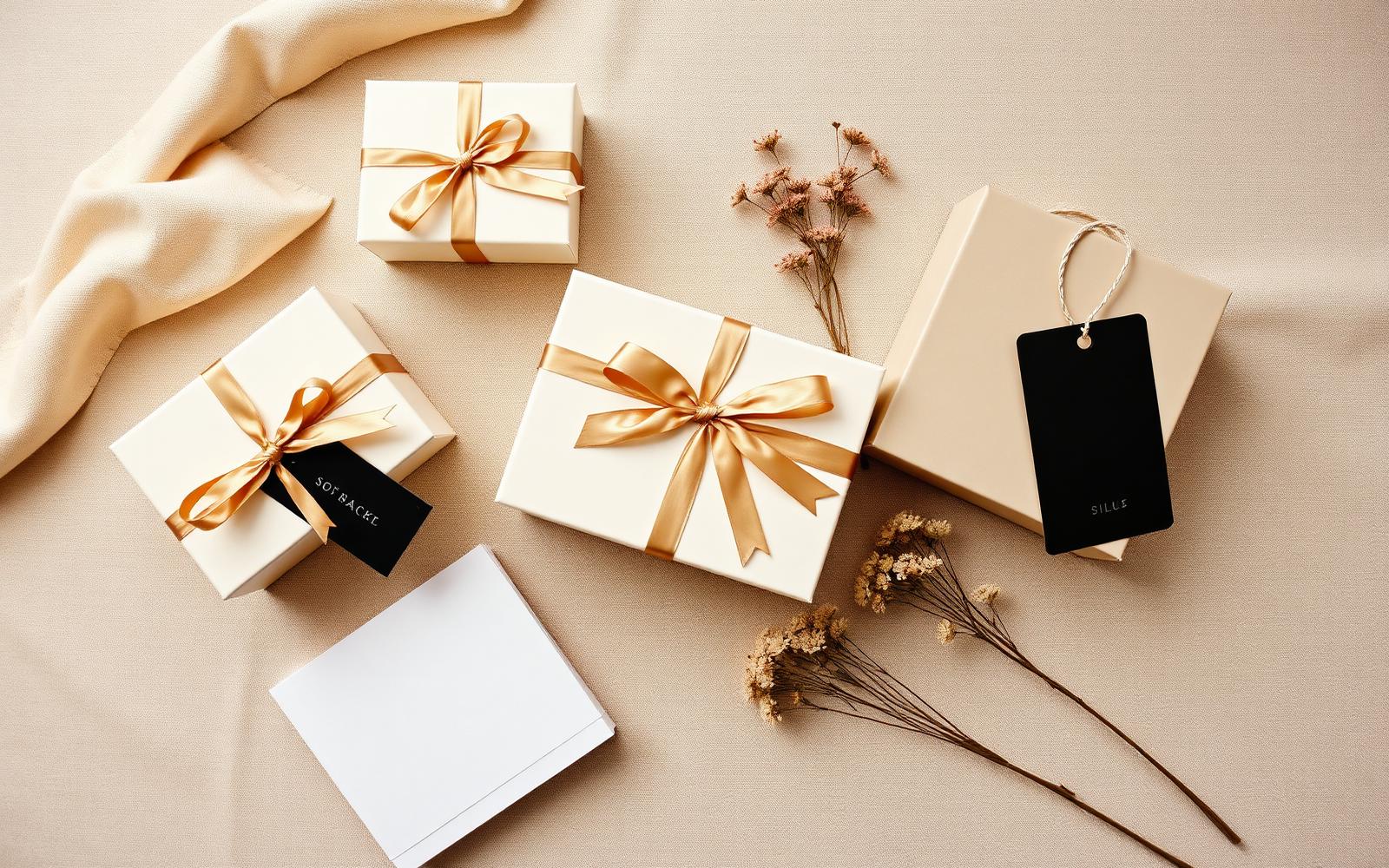 Cream gift boxes with gold ribbon, a black hangtag and dried flowers on linen
