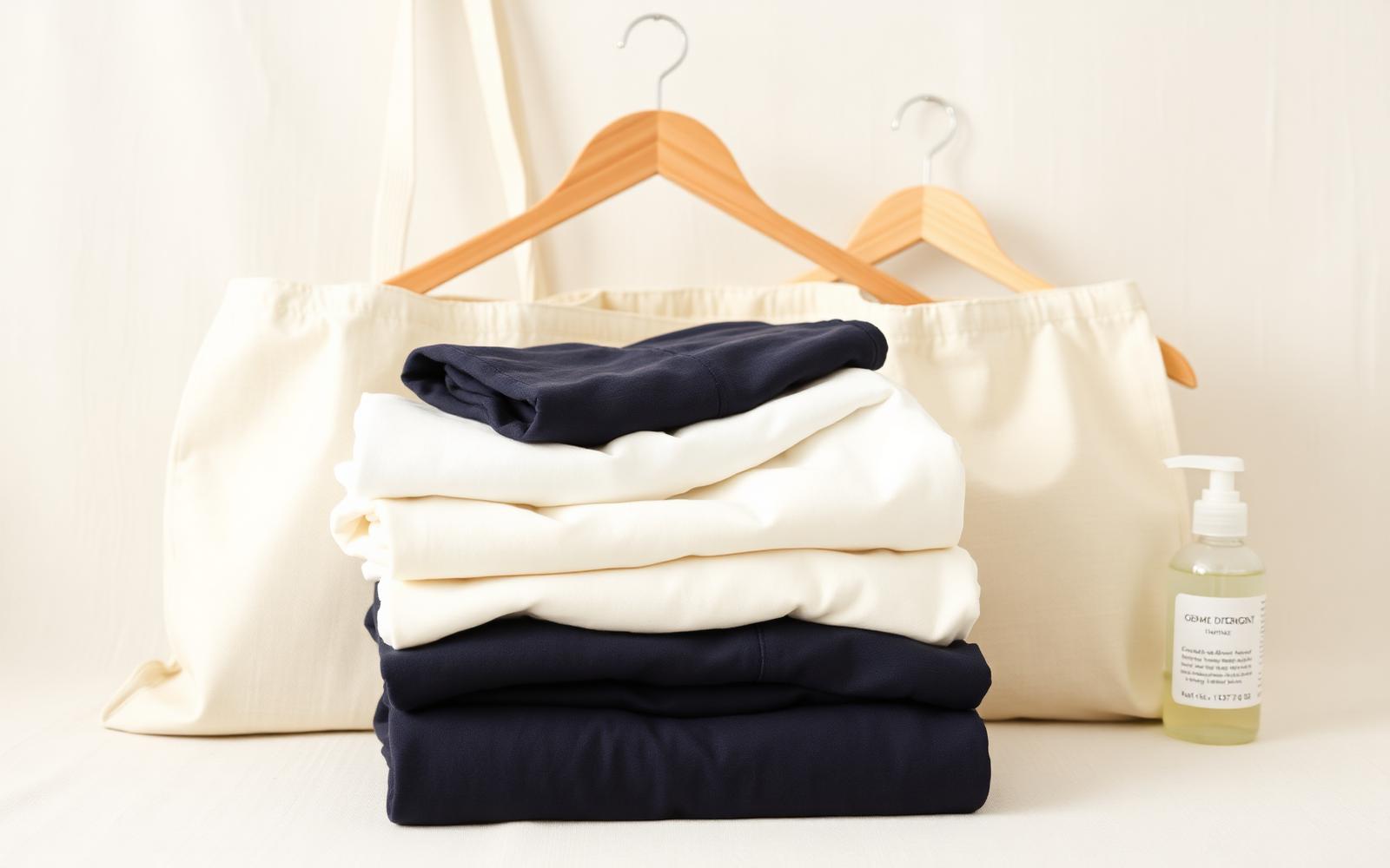 Folded navy and cream cotton apparel stacked in front of a canvas tote bag with a bottle of gentle detergent