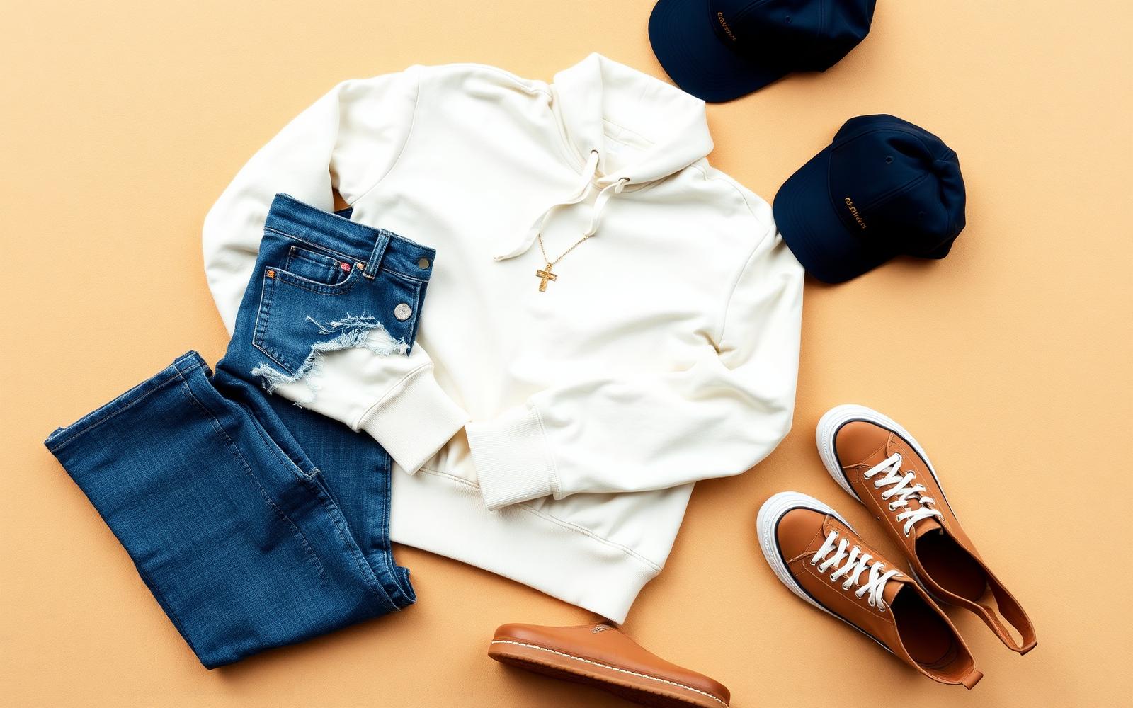 Flat lay of a cream hoodie styled with denim, a navy cap, gold jewelry and tan sneakers