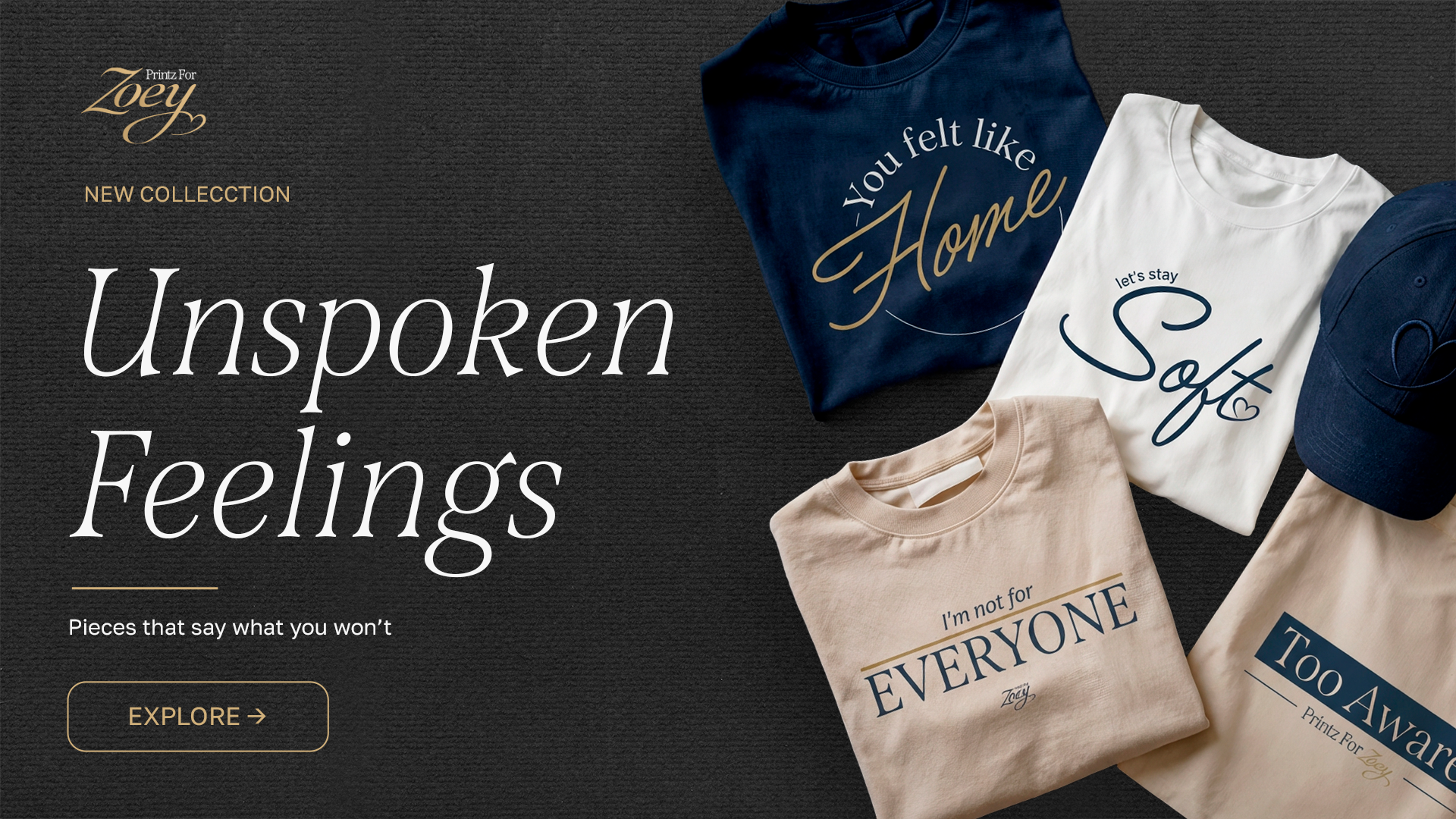 Printz For Zoey Unspoken Feelings collection: navy, cream and sand printed apparel
