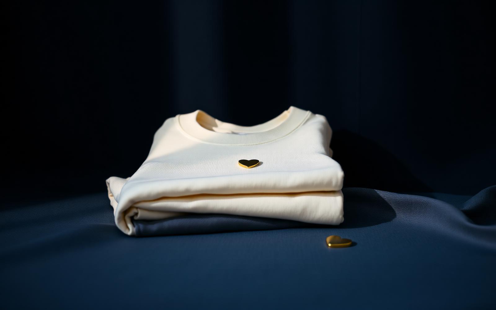 Folded cream Printz For Zoey t-shirt with a small gold heart charm on navy fabric