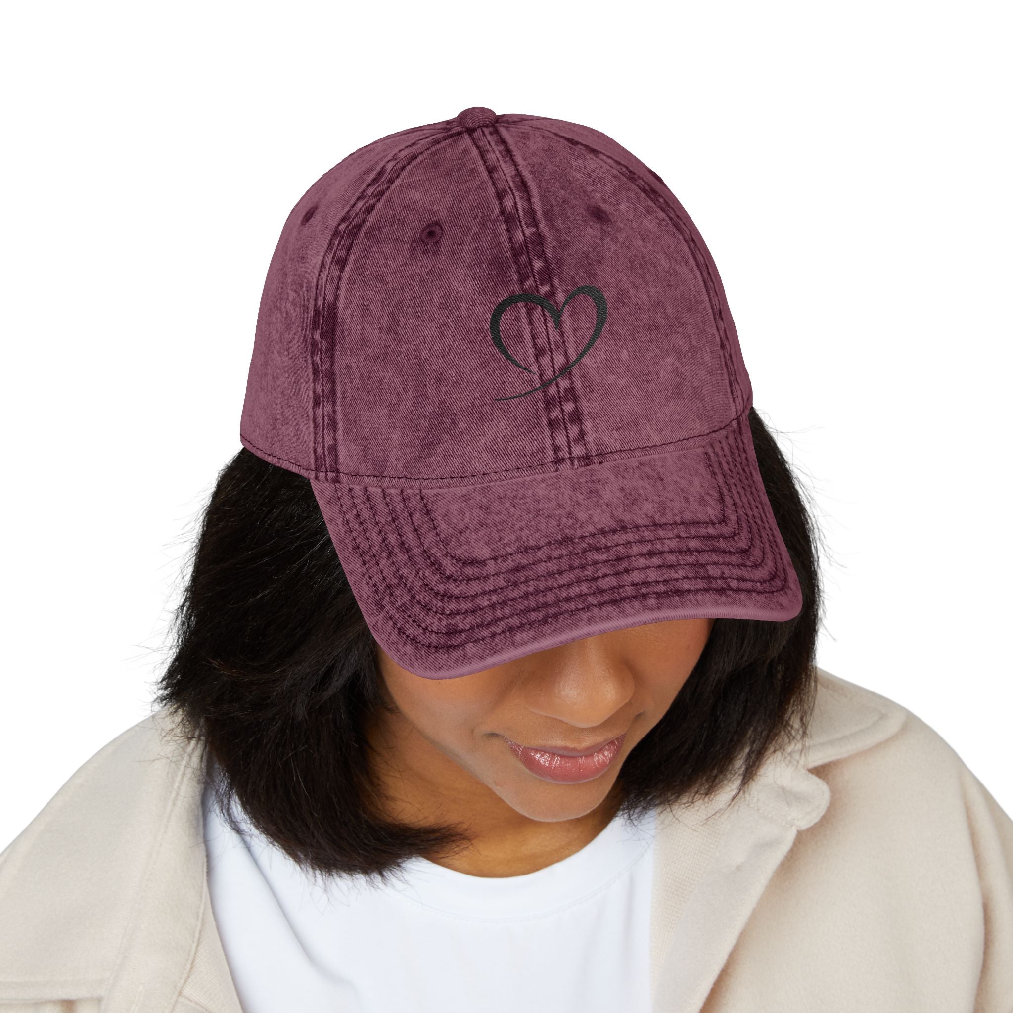Embroidered Heart Vintage Cap — Washed Red Dad Hat with Simple Heart Sketch