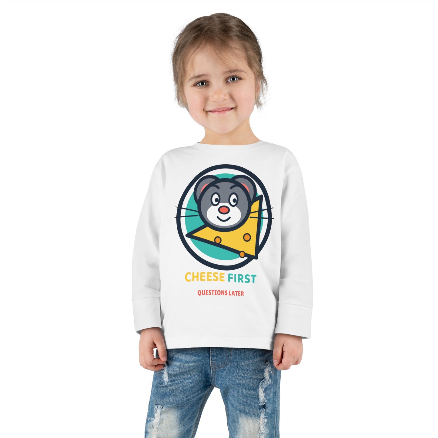 Toddler Long Sleeve Tee — "Cheese First, Questions Later" Cute Mouse & Cheese Graphic