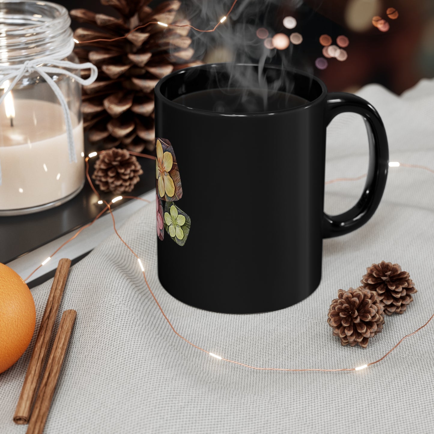 11oz Black Mug, Autumn Flower Design